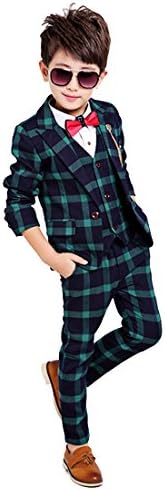 GELE Boy 4 Pieces Plaid Formal Suit Set,Vest+Pants+Blazer+Bow Tie (8, Dark Green)