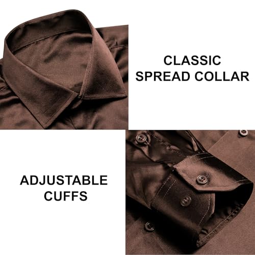 Image of Hi-Tie Men's Silk Satin Dress Shirts Long Sleeve Shiny Casual Button Up Shirts Luxury Party Disco Prom Wedding Shirt