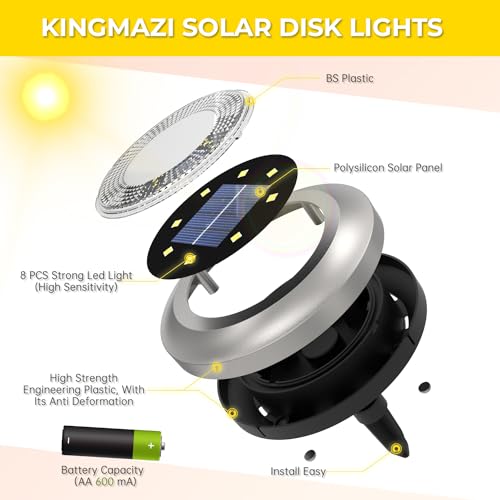 Solar Lights Outdoor, Disk Lights Solar Powered - 8 Led, Outdoor in-ground Solar Lights for Landscape, Walkway, Lawn, Steps Decks, Pathway Yard Stairs Fences, LED lamp, Waterproof (Warm White-8pcs) - Thumbnail 2