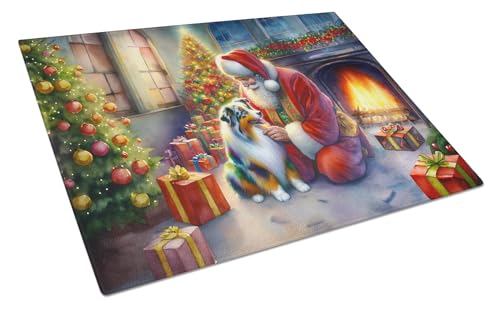 Caroline's Treasures DAC4060LCB Australian Shepherd and Santa Claus Glass Cutting Board Decorative Tempered Glass Kitchen Cutting and Serving Board Large Size Chopping Board