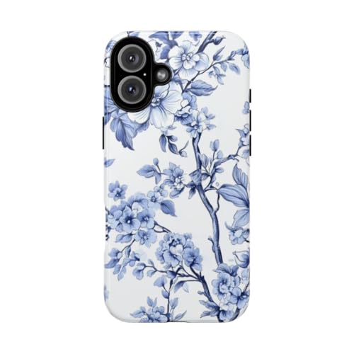 Coque rigide brillante iPhone 16 Plus ornée d'un motif floral azur