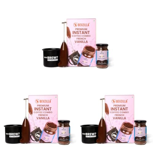 Image of Bevzilla Gift Box of 75 Grams French Vanilla Instant Coffee Powder With Electric Frother & Enamel Mug | 100% Arabica Coffee | Festive Gifting | Premium Box inch (Pack of 3)