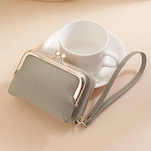 Genuine Leather Card Wallets for Women - 2-in-1 Removable Women's Wallet, Portable Wrist Strap Design Card Holder Wallet Paired with a Classic Kiss-Button Coin Pouch2