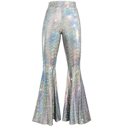 70s Women Disco Sequin Flare Pants Sparkly Bell Bottom Trousers(Silver,M)