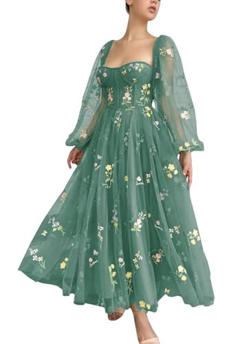 Xijun Women's Flowers Embroidery Tulle Prom Dress Long Sleeves Puffy Bodycon Tea Length Formal Evening Party Gowns