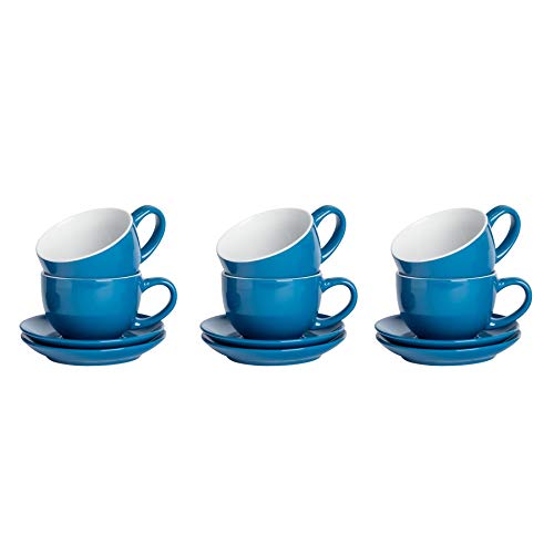 Argon Tableware Blue Cappuccino Cups with Saucers - Set of 6-250ml Dishwasher Safe Gloss Stoneware Cappuccino Cups and Saucer Set Coffee Mugs with Handle and Grooved Plate
