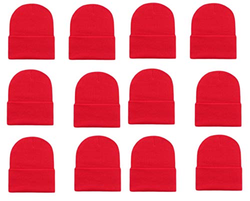 Opt Brand. Wholesale 12 Pieces Kids Boys Girls Knit Long Cuff Ski Plain Beanie Cap Hats Solid Color Beany (Red) #TOP3