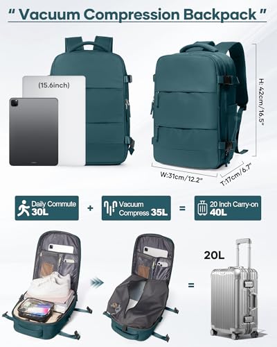 Image of SEAFEW Vacuum Travel Backpack with Electric Pump, Waterproof Personal Item Bag, Women & Men's Anti-Theft Laptop Daypack for Work Trip Gym with Wet Bag & Shoe Compartment, Peacock Blue