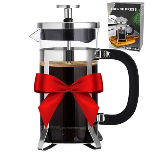 PARACITY French Press Coffee Maker, Mini Coffee Press of 18/8 Stainless Steel Filter and Heat Resistant Glass, Portable Cold Brew Coffee Maker 12OZ for Travel& Home Gift, BPA Free (Silver)