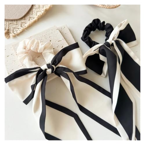 Gomas para el pelo con cinta lazo bicolor coleteros elásticos con borlas negro y blanco 4