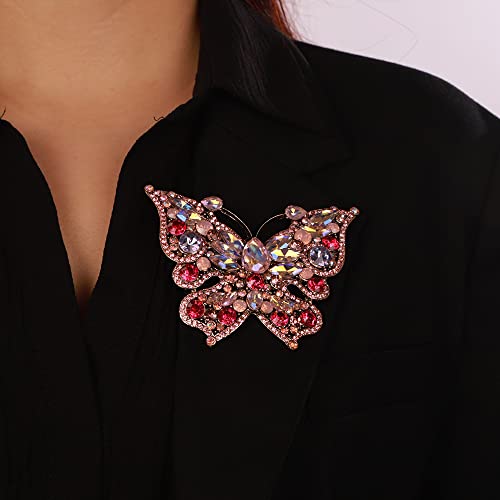 Image of Wedding Bridal Big Gold Butterfly Brooch with Wine Red Crystals Unisex Bling Brooch Pin