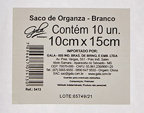 Gala Saco de Tecido de Organza Pacote de 10 Unidades, Branco, 10 x 15 cm