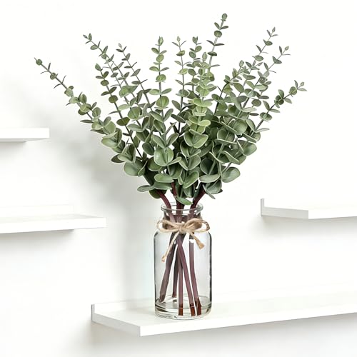 Suaycy Artificial Eucalyptus Stems in Glass Vase with Faux Water 17.5 Faux Greenery for Vase Fake Plants for Bathroom Decor Farmhouse Room Decor Table Decorations Home Decor Wedding (Sage Green)