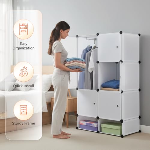 Image of Amazon Basics Plastic Modular Wardrobe Storage Cabinet for Home | 8 Cube Organizer with Hanging Space | DIY Foldable Closet for Clothes, Shoes & Accessories | White | 75 x 47 x 128 cm