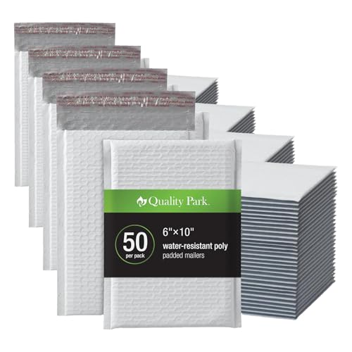 Image of Quality Park Bubble Mailers,6 x 9 Inch,White Poly Mailers,Padded Envelopes,Shipping Envelopes,Water Resistant,Self Seal,50 Per Box (QUA85856),Plastic,(Pack of 4)