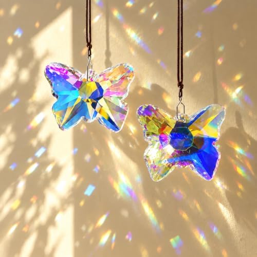 2er Set Schmetterling Sonnenfänger – Prisma Deko für Innen & Außen Fenster | 2 Kristall-Schmetterlingsprismen, facettiert, Regenbogen. Fensterdeko für Innen & Außen, Garten, Hochze