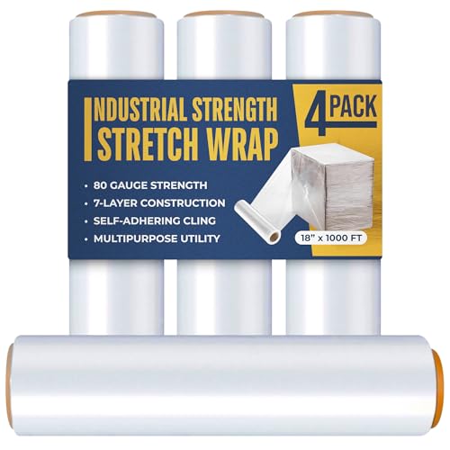 Industrial Stretch Film Wrap 18" x 1000 ft 80 Gauge, 4 Rolls
