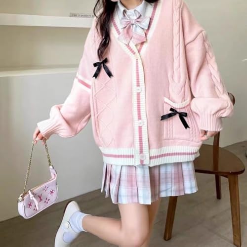 Preppy Kawaii Cute Cardigan Sweater for Teen Girls Women with Pastel Bows Loose-Fit Knitted Japanese3