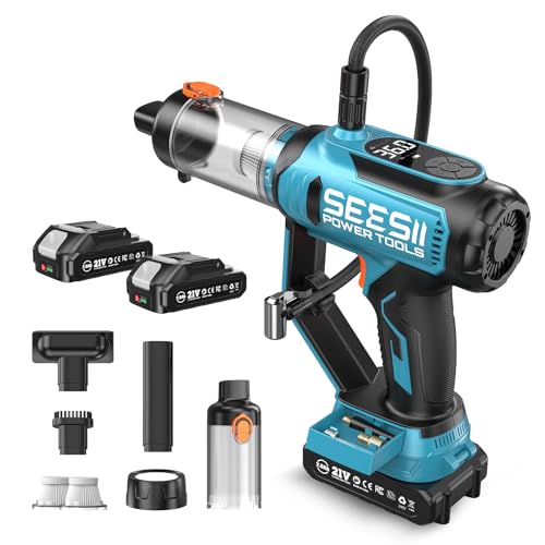 SEESII 3-in-1 Tire Inflator, Portable Air Compressor & Car Vacuum Cleaner & Searchlight, 21V Car Tire Air Pump with Digital Pressure Gauge, 150 PSI Max for RV SUV Tires, Motorcycles, E-Bikes