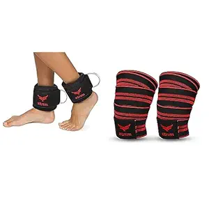 Durafit Unisex Stylish Ankle Straps with Metal D-Rings for Cable Machine (Red) & XTRIM Unisex Knee Wraps (2 Meters Long, Set of 2, Red)
