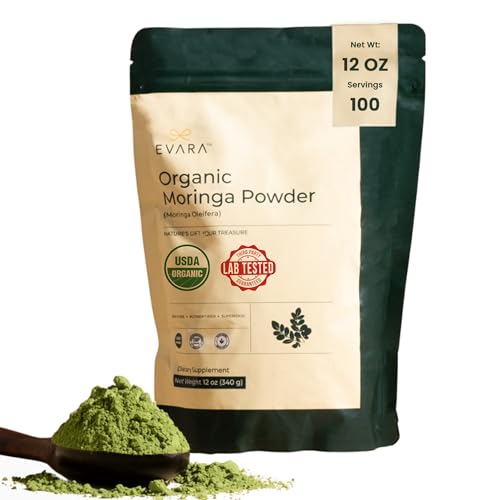 EVARA Moringa Powder Organic (12oz/ 340g) | 100% Pure & Organic Moringa Leaf Powder with Vital Nutrients | For Strong Immunity Natural Energy & Skin Health | Vegan Gluten Free | GMP & USDA Certified