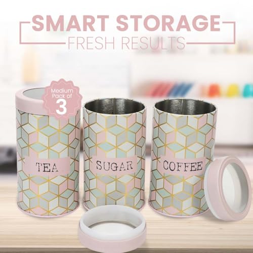 Image of Maroc Collection Airtight Kitchen Container|Set of 3-850ML| Pink Pastel| Food Grade Metal Storage Jars for Tea, Coffee & Sugar Vacuum Sealed, Moist- Proof Canisters for Freshness