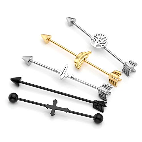 PiercingJ 3-5pcs 16G Stainless Steel Cross / Tree of Life Arrow 37mm Long Industrial Barbell Ear Cartilage Helix-Conch Piercing Bar Earrings Stud