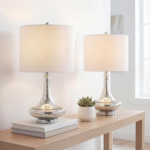 JONATHAN Y 25.5" Mercury Silver Glass Teardrop Table Lamp Set of 2 for Bedroom, Modern Bedside Lamps for Living Room, White Linen Drum Shade, LED Bulbs Included JYL1081A-SET2 by JONATHAN Y - Image 2