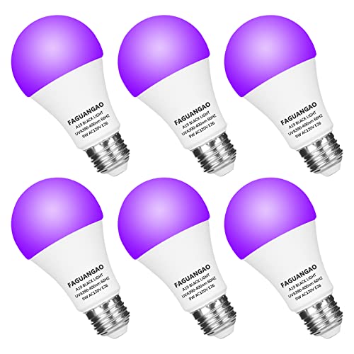 FAGUANGAO LED Black Light Bulb 9W(75Watt Equivalent) A19 UV Blacklight Bulb 120V UVA Level 390-400nm E26 Medium Base Glow in The Dark for Blacklight Party Fluorescent Poster Body Paint(6 Pack)