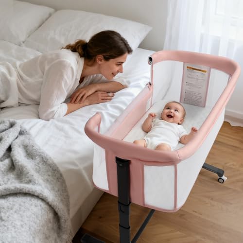 Kinder King Baby Bassinet Bedside Sleeper, Newborn Baby Bedside Crib w/Wheels, All-Sided Mesh, Adjustable Height, Removable Soft Mattress, No Tool to Assemble, Pink