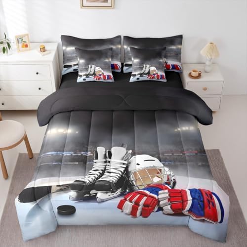 Erosebridal Ice Hockey Queen Comforter Set, Hockey Player 7-Piece Bed in A Bag, Boys Teens Sports Game Sheets and Pillowcases, Winter Sports Bed Sets
