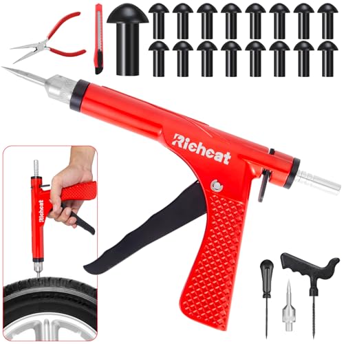Image of Richcat Tubeless Tire Puncture Repair Kit with Mushroom Plug, Repairs punctures and Flat Tires for Motorcycles, Cars, Trucks, ATVs,Gun Puncture Repair Kit