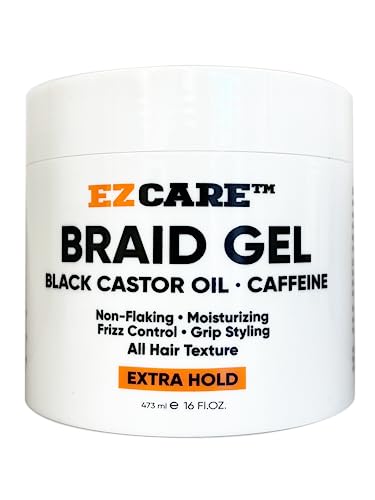 EZCARE Braid Gel Black Castor Oil/Caffeine/Non-Flaking/Moisturizing/Frizz Control/Grip Styling/All Hair Texture/Extra Hold (16 oz.)