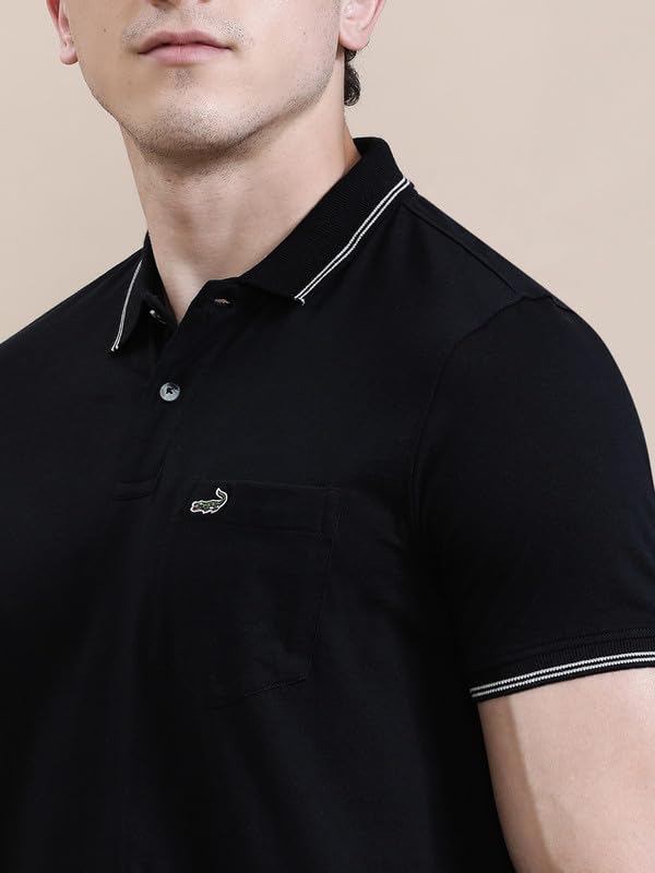 Image of CROCODILE Men Solid Slim Fit Polo T-Shirt | Regular Length | Short Sleeve | Button Placket | Casual Knitted Topwear