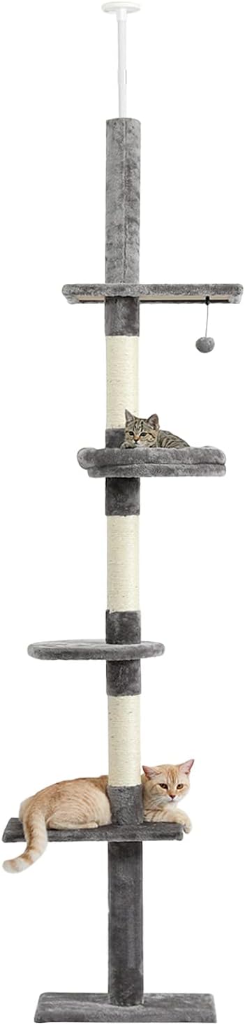 PETEPELA Cat Tree 5-Tier Floor to Ceiling Cat Tower Height Adjustable, Tall Kitty Climbing Activity Center with Scratching Post, Cozy Bed, Dangling Ball for Indoor Cats/Kitten (95-107 Inches Grey) : Pet Supplies