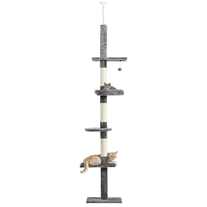 PETEPELA Cat Tree 5-Tier Floor to Ceiling Cat Tower Height Adjustable, Tall Kitty Climbing Activity Center with Scratching Post, Cozy Bed, Dangling Ball for Indoor Cats/Kitten (Grey)