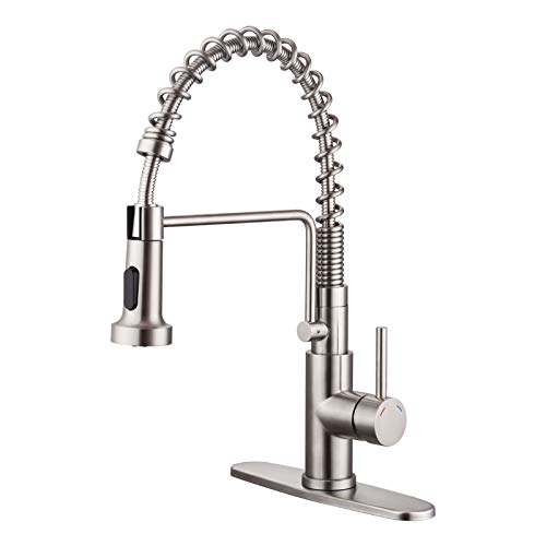 KOKOSIRI Commercial Kitchen Sink Faucets Single Lever Pull Down Sprayer Lead-Free High Arc Kitchen Faucet Hot & Cold Water Mixer Brushed Stainless Steel, A2009BR