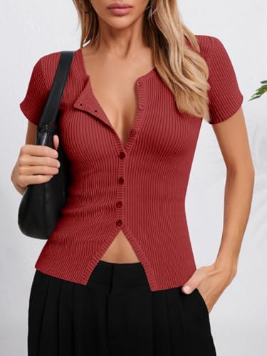 Image of Imily Bela Womens Short Sleeve Sweater Tops Summer Button Down Casual Ribbed Knit Slim Fit Cropped Cardigan Shirts