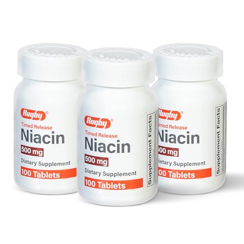 Rugby Timed-Release Niacin 500mg with 28mg Calcium, Dietary Supplement for Energy, Circulation and Metabolism Support, 100 Tablets (3 Pack)
