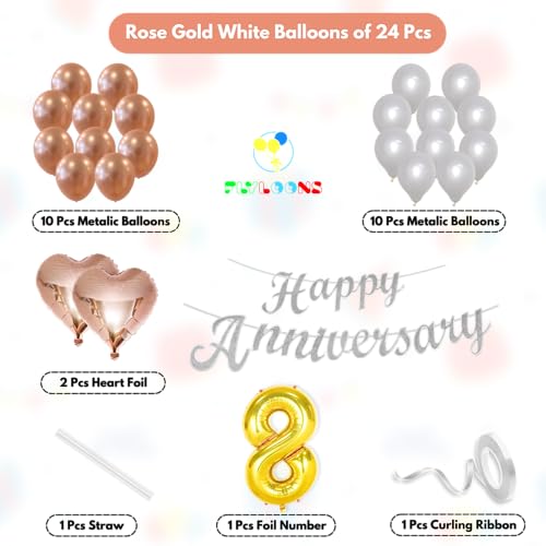 Image of Flyloons 8th Happy Anniversary Decoration Items Rose Gold White for Men Women Husband Wife Mom Dad Parent Couple Home Bedroom Car With 20 Pcs Metallic Balloons Anniversary Banner 2 Pcs Heart Set Kit