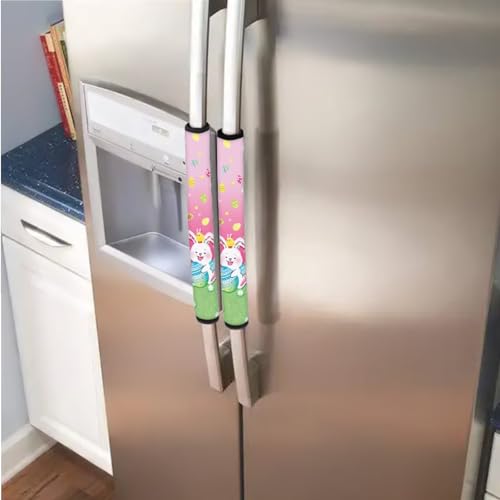 Image of Fridge Door Handle Covers Set of 6 Kitchen Appliance Decor Handles Glove Anti-Slip Protectors Easter Refrigerator Decor Accessories, White Bunny Daisy Easter Eggs Print Pink