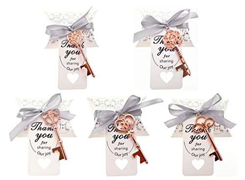 Kinteshun Wedding Party Favor SetSkeleton Key Bottle Openers Candy Boxes Escort Tags and Ribbon Souvenir Gift SetRose Gold Tone50 sets with 5 Styles