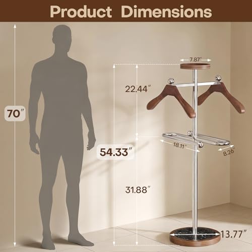 MLAVUDM Suit Valet Stand with Marble Base, Freestanding Men’s Clothing Organizer with 2 Wooden Hangers, Storage Tray, Stainless Steel Frame, for Bedroom, Office, Entryway (12.6\" x 54.3\")