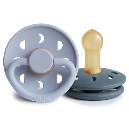 Image of FRIGG Moon Natural Rubber Baby Pacifier | Made in Denmark | BPA-Free (Powder Blue/Slate, 6-18 Months) 2-Pack