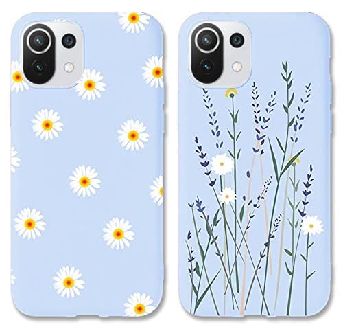 ZhuoFan 2 pièces Coque pour Xiaomi Mi 11 Lite/11 Lite NE 5G 4G 6,55', Marguerite Bleu Silicone Souple étui en TPU Antichoc Coque téléphone Housse Protection Bumper Cover pour mi 11 Lite ne, Fleur