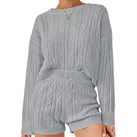 ZESICA Women's Casual 2 Piece Sweater Sets Long Sleeve Cable Knit Pullover Tops and Drawstring Shorts Sweatsuit Outfits, Grey, Medium Cover