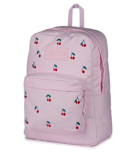 Image of JanSport Superbreak Plus FX Backpack - Work, Travel, or Laptop Bag with Water Bottle Pocket - Pink Ice Cherry Emb