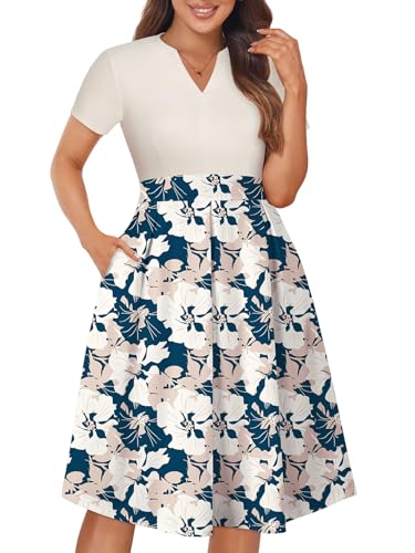Image of YATHON Womens Elegant Print Notched Neck Slant Pocket Pleated Hem Casual A-Line Dress