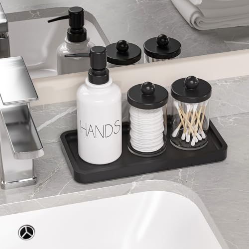 Image of Weenson Small Bathroom Vanity Tray for Countertop Makeup Perfume Jewelry Decor Candle Keys, Small Black Kitchen Tray for Soap Dispenser Spice Bamboo Toilet Tray 7.9 inch L x 4 inch W x 0.79 inch H