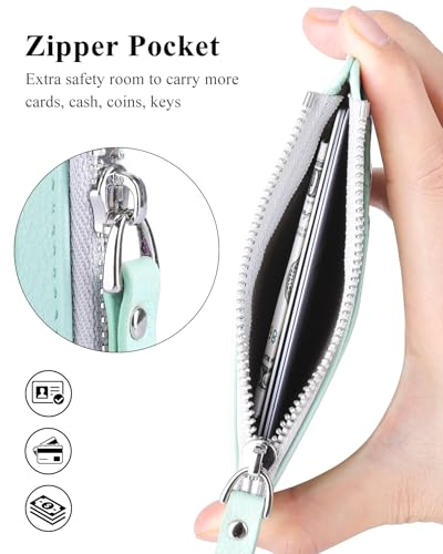 Image of Teskyer Slim RFID Wallet for Women, Small Card Holder with Zip Pocket, Light Green, 3.5 inch x 4.7 inch, Minimalist | Zip Pocket for Cash Coin, 1 ID Window & 7 Card Slots, Ultra Slim Design, D-Ring for Neck Lanyard, for Daily Carry and Travel